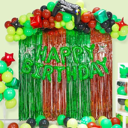 FANGBBO Pixel Birthday Party Decorations Balloons Arch Kit with Happy Birthday Banner Foil Curtain