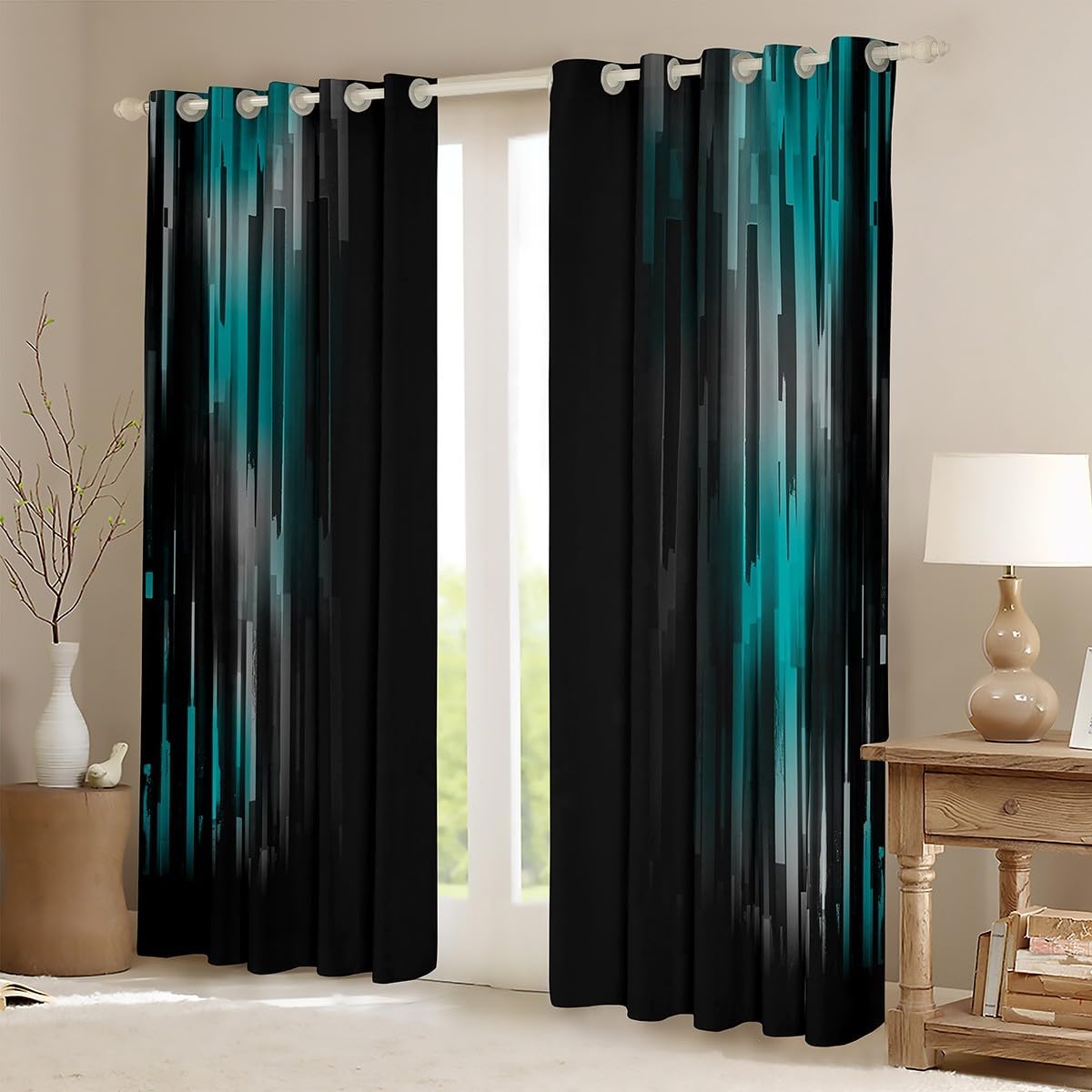Feelyou Teal Blue and Grey Ombre Window Curtains for Bedroom Living Room Ombre Curtains Abstract Art Design Window Drapes Modern Window Treatments 52W X 63L,2 Panels