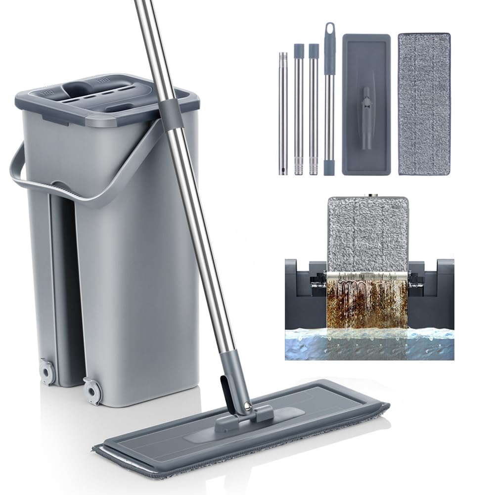 Mopa Multifuncional para Azulejos Paredes y Suelos con Cubo Escurridor Sistema Autoescurrible Cepillo 6 Almohadillas de Microfibra Limpieza Tarima Atrapa Polvo Trapeador Escurre Fácil Mop Ventanas