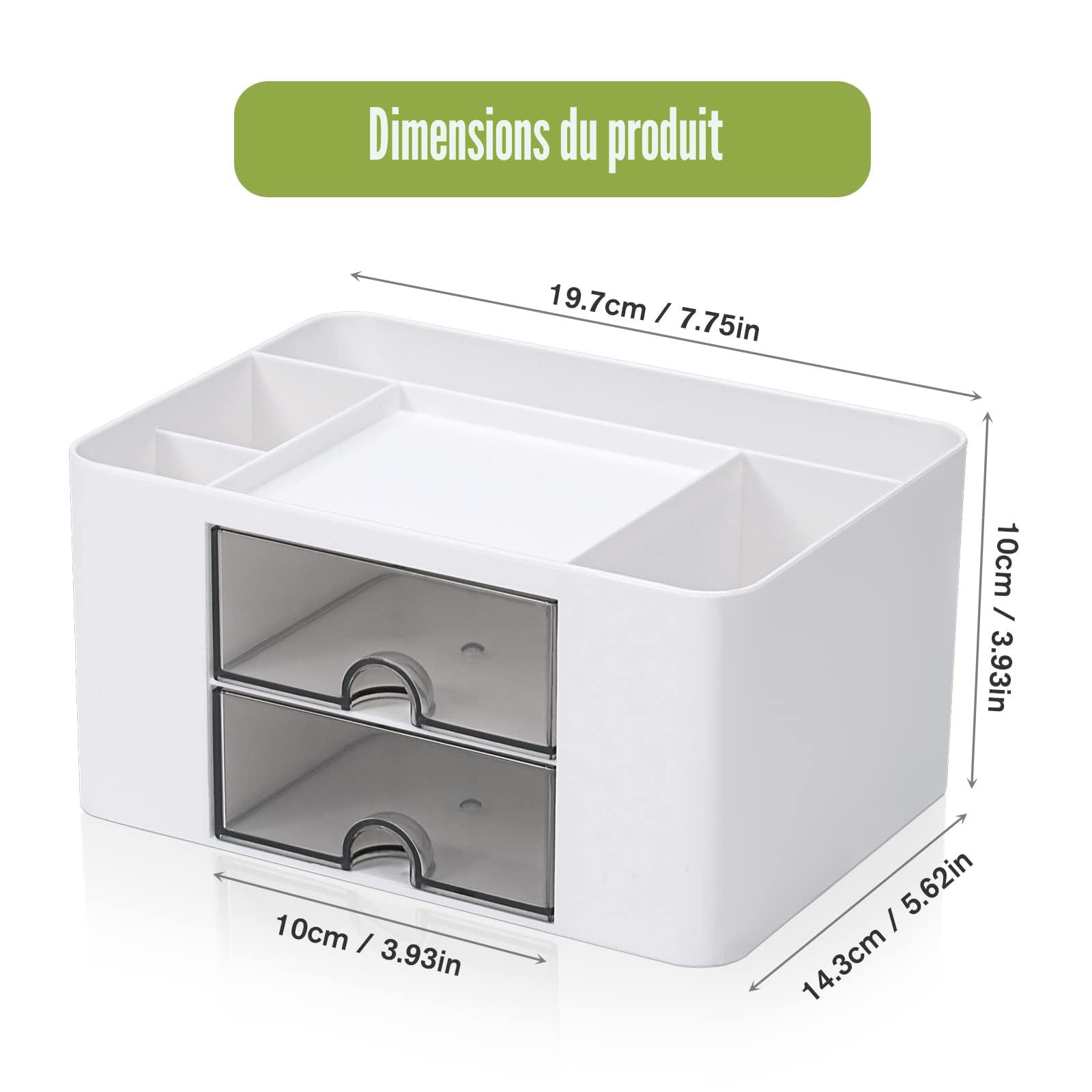 Organiseur de bureau polyvalent avec 5 compartiments, 2 tiroirs et possibilités de rangement multifonctionnelles - Idéal pour les fournitures, articles de papeterie et accessoires