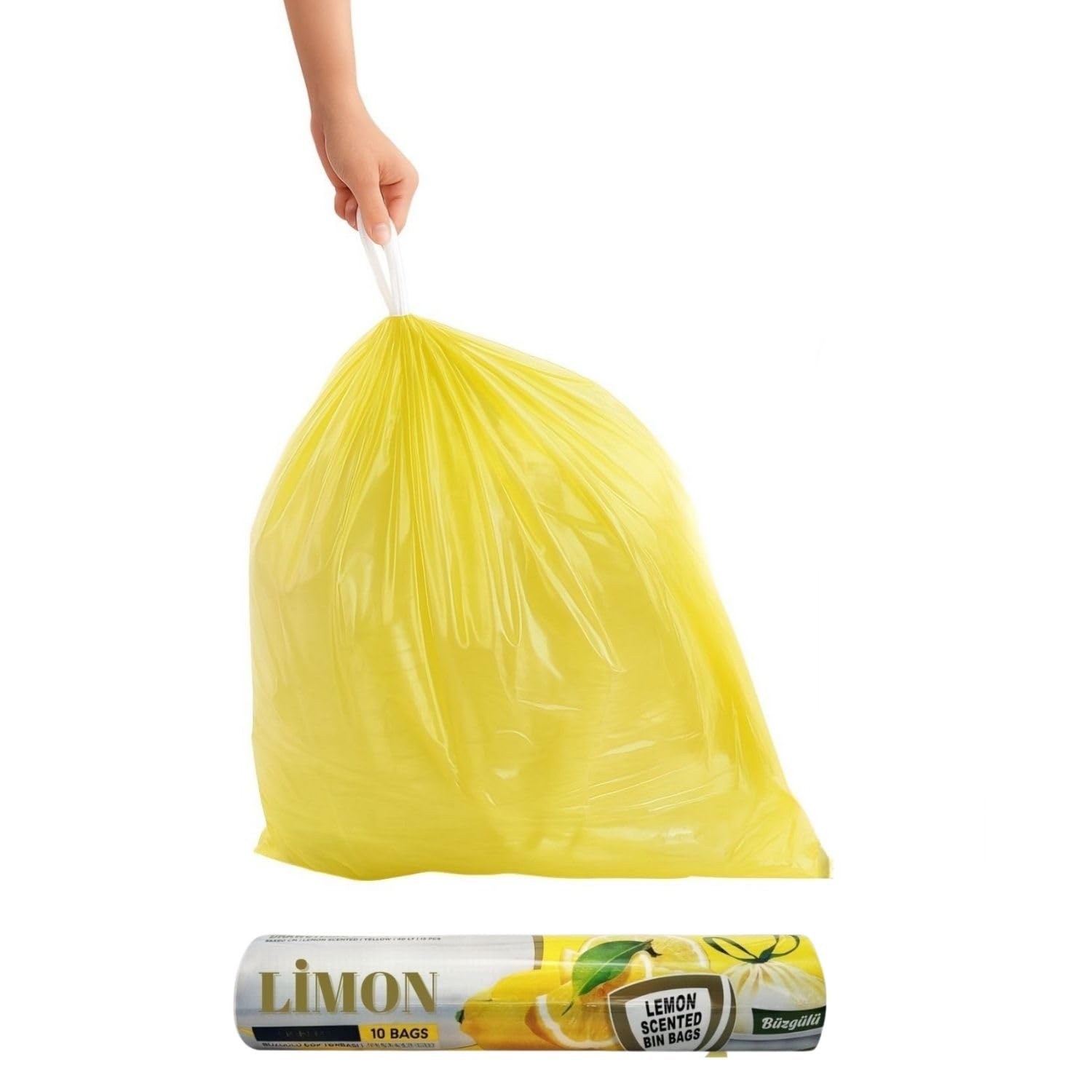 ARVALE Kokulu Büyük Boy Büzgülü Çöp Poşeti 10'lu Rulo 65 x 70 cm Yırtılmaz Sızdırmaz Atık Torbası (Limon)