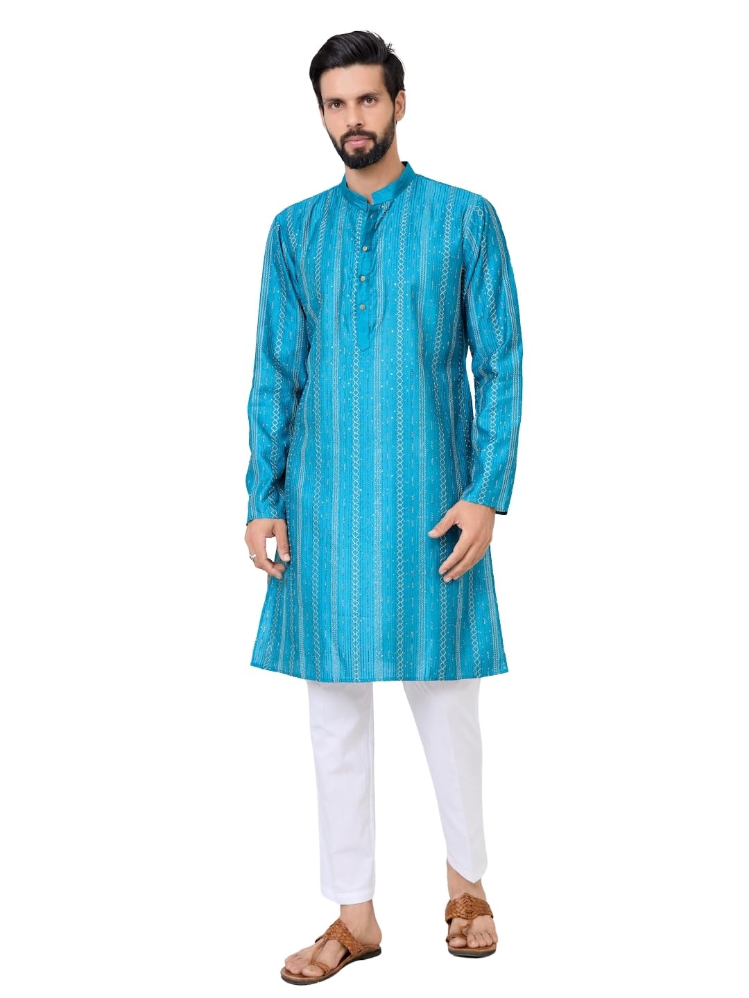see designs Men's Full Sleeve Mandarin Collar Sequins Embroidered Straight Long Kurta with Pyjama - Festive Collection | Dussehra & Diwali collection-picture-37