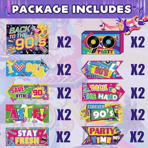 Image of 20 Pieces 90s Party Sign Decorations Back to The 90s Directional Signs Retro Hip Hop Birthday Decorations for Door Wall Yard Photo Booth Props Neon Themed Party Supplies
