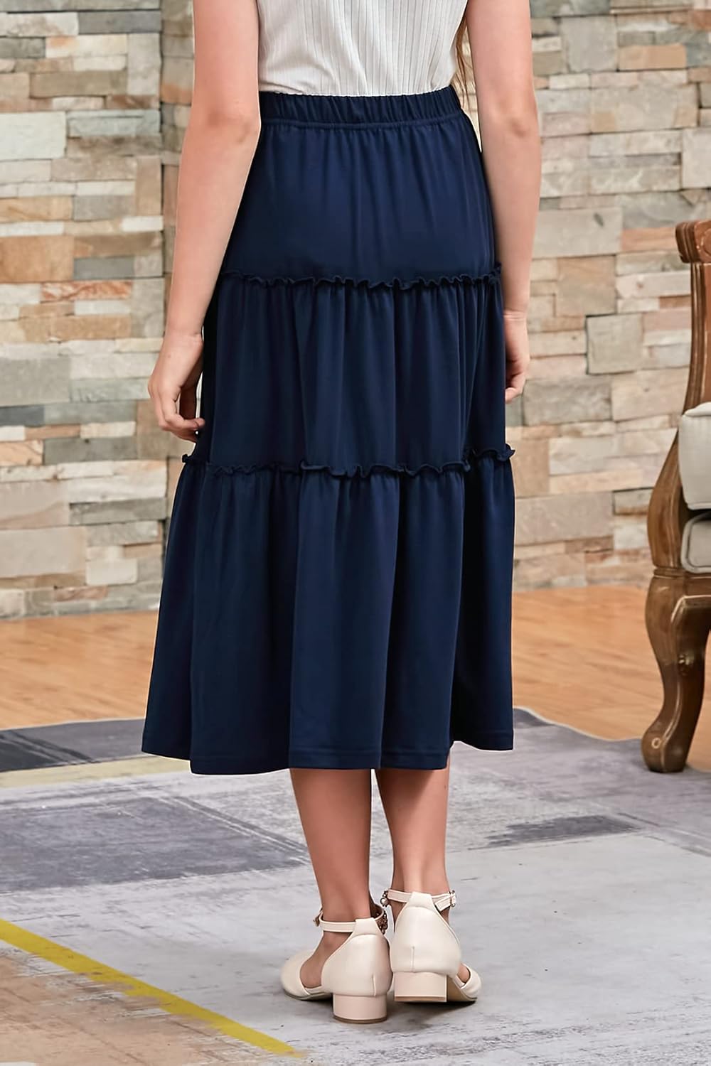 GORLYA Girls Boho Casual Elastic High Waist Tiered Ruffle Hem Long Swing Maxi Skirt 4-14T - Image 2