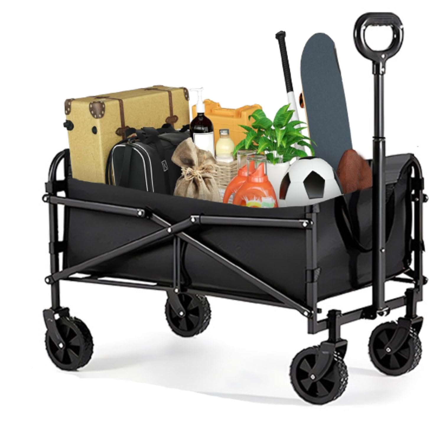Chariot à roulettes pliable noir avec poignée réglable pour le jardin