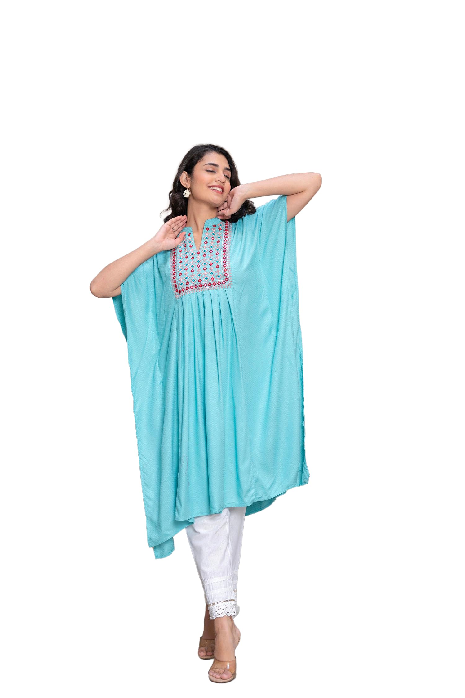 Sky Blue Geometric Printed Rayon Dobby Kaftan with Thread Work Embroidery-image-27