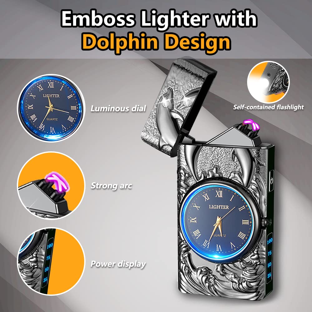 COMANYI Electric Lighter With Plasma Arc, Windproof USB Rechargeable Lighter With Cool Design, Clock Dial, Flashlight, Power Display For Outdoor Daily Use, Gift For Men Women (Classic, Matte Black