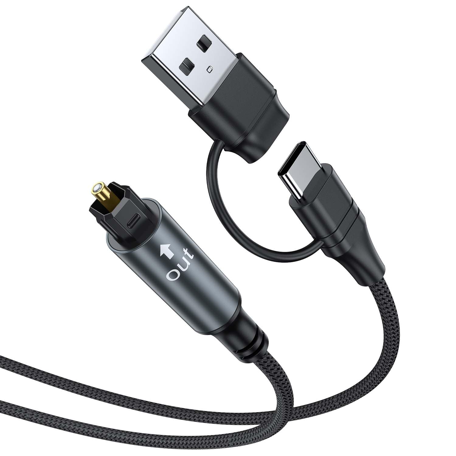 Optisches Audiokabel, USB auf Toslink 2-in-1 USB A/USB C auf SPDIF, digitales optisches Adapterkabel, 24 Bit/192 kHz für Laptop, PC, PS5, Soundbar, Lautsprecher, Heimkino, 1,8 m
