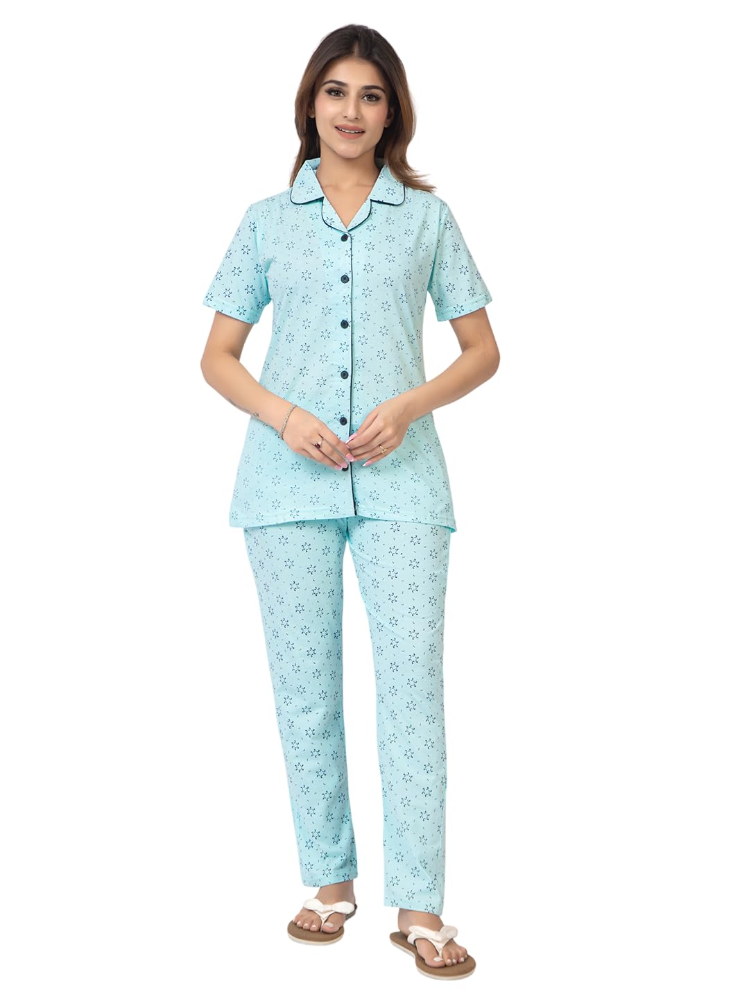 Summer Casual Wear Lapel Neck Half Sleeve Cotton Blend Printed Nightsuit For Women's-image-5