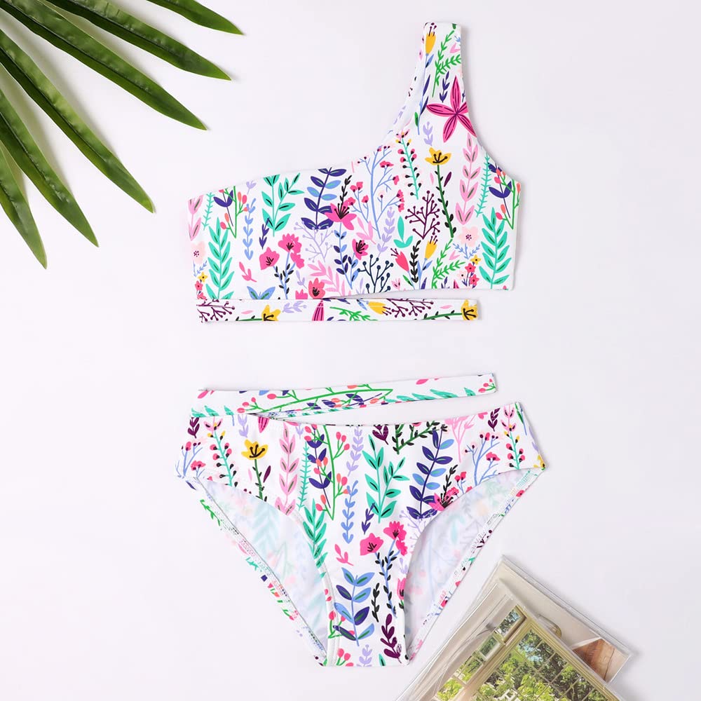 Mother and Daughter One Shoulder Swimsuit Family Matching Floral Bathing Suit Mommy and Me Swimwear Women Cutout Bandage Bikini Set Kids Toddler Leaves Printed Bathing Suit Purple Leaf 7-8 Years