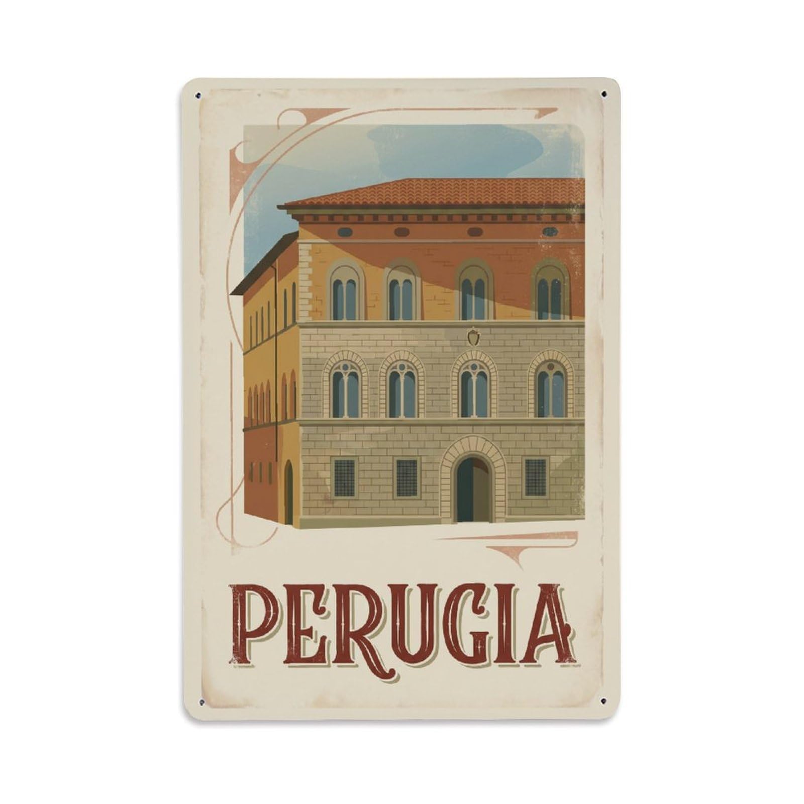 Vintage Travel Perugia Palazzo Antinori Italy Metal Tin Sign Plaque Wall Decor for Cafe, Club Bar, Office, Home Garden Metal Poster 8x12Inch
