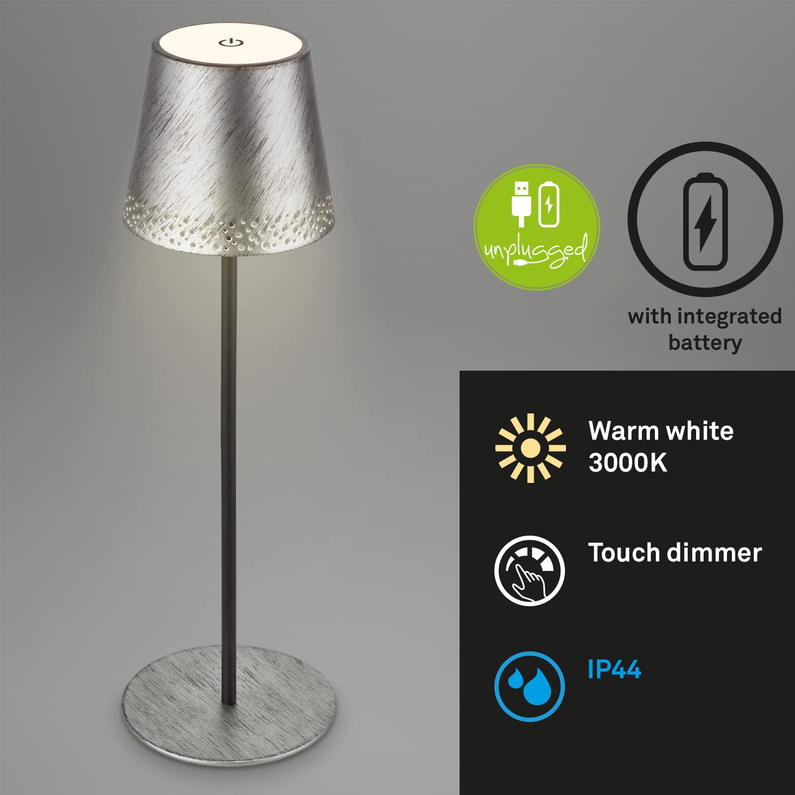 Briloner - Batería LED Lámpara de Sobremesa 2 en 1, Regulación continua, Táctil, Luz Móvil, LED Lámpara de Sobremesa Exterior, LED Lámpara de Sobremesa Inalámbrica, Plata Antiguo