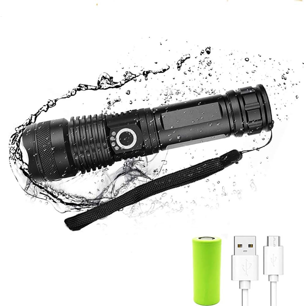 LED Tactical Flashlight XHP50 Ultra Lumens 6000 High Lumen, USB Rechargeable, Zoomable, 5 Modes, IP68 Waterproof Ultra Bright Handheld Flashlights Torch Best for Outdoor Flashlight with 26650 Battery