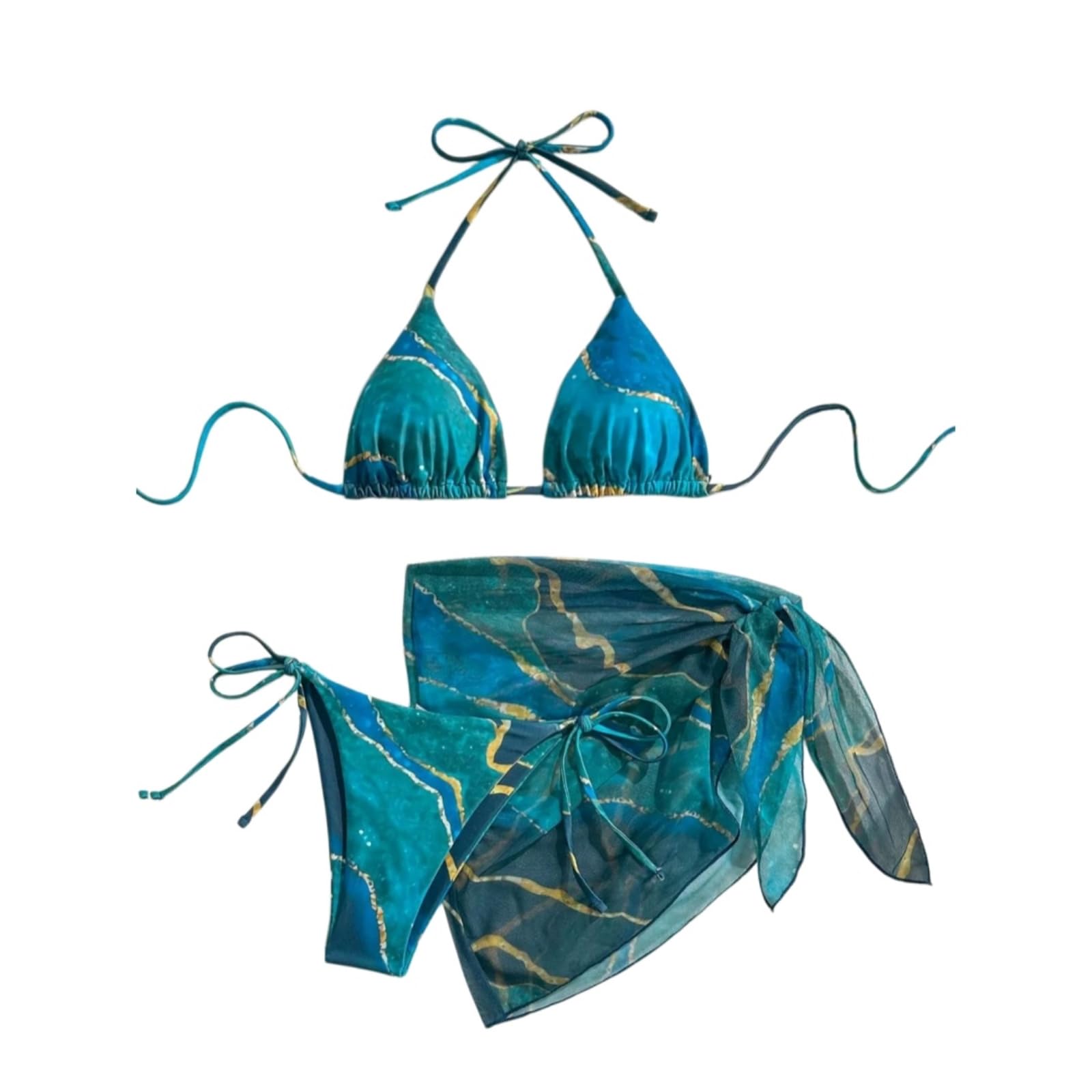 Bikini Donna Blu Marmo Stampa 3 Pezzi Set Triangolo Costume da Bagno con Gonna-Blue-s