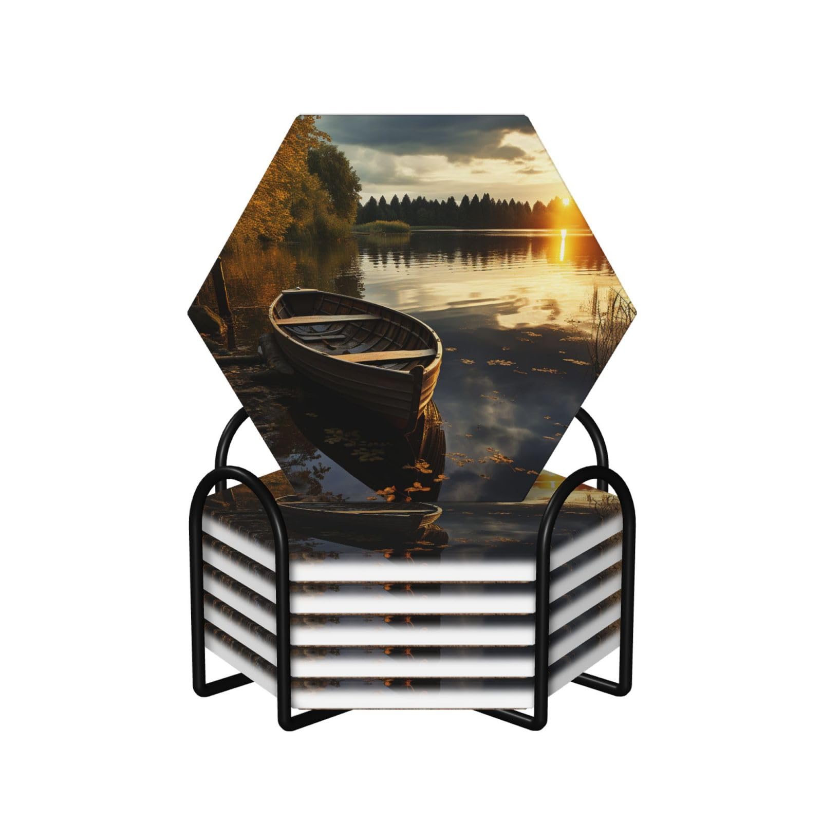 Dessous de verre hexagonaux en céramique lot de 6 avec support en métal motif bateau