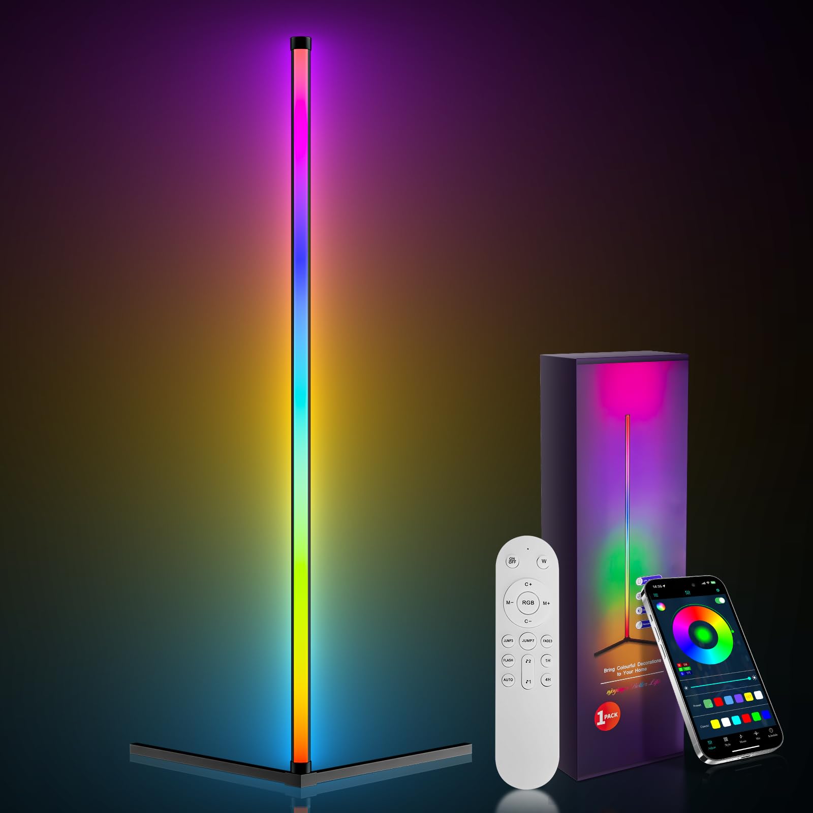 Lámpara de Pie LED RGBIC, Lámpara de Pie de 157 cm Regulable con Mando a Distancia por Infrarrojos, Control APP Inteligente, 16 Millones de Colores y 300 Modos de Escena para Salón, Dormitorio y Escal