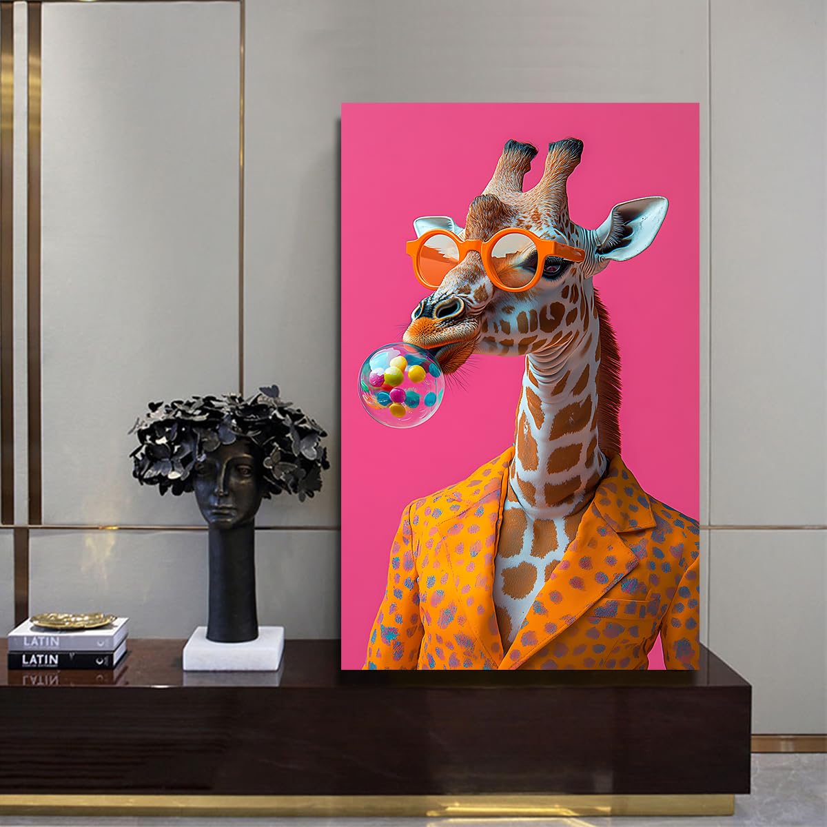 CHERHERART Pop Art żyrafa pomarańczowy kostium na płótnie surrealistyczne zdjęcie śmieszne zwierzęta plakat ścienny do biura jadalnia dekoracja różowy pomarańczowy płótno 78 x 140 cm bez ramki