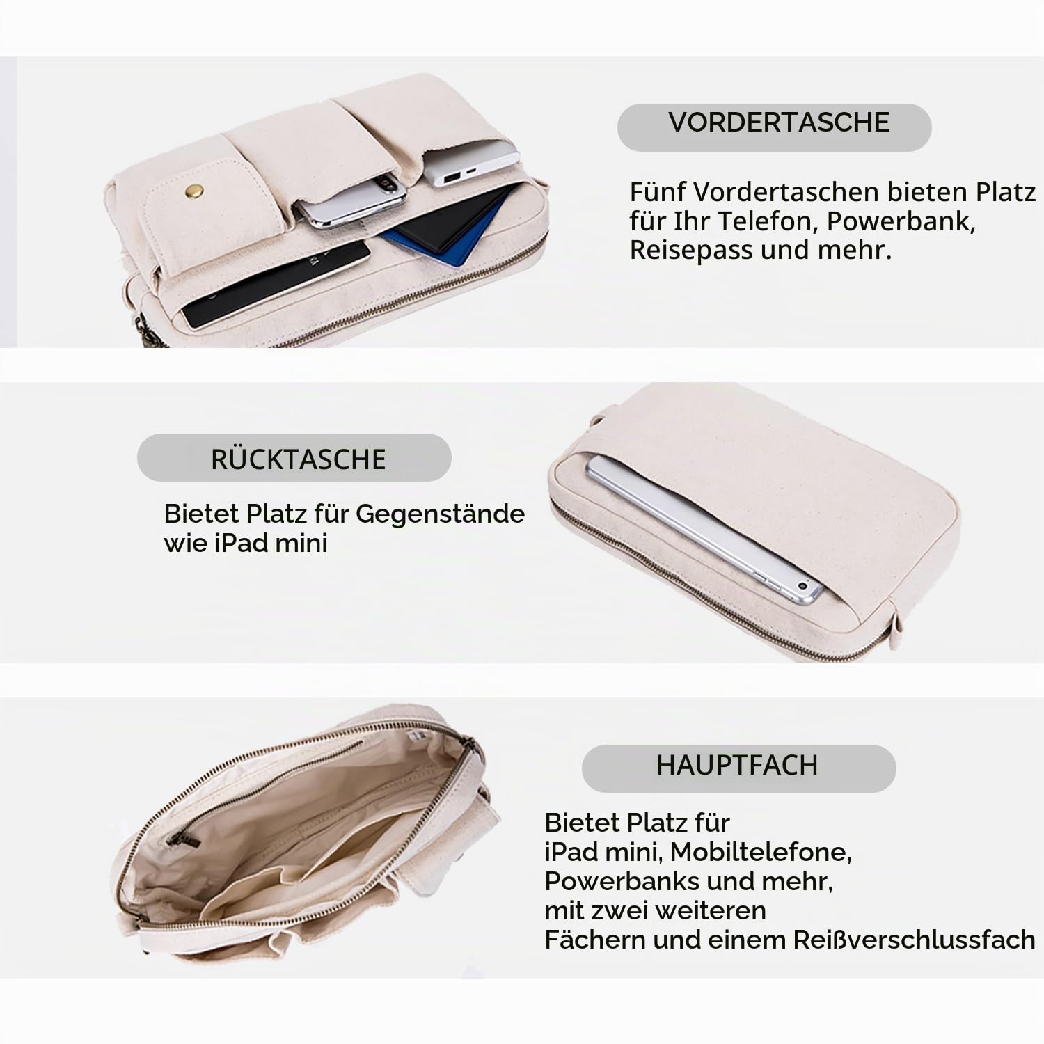 Kosmetiktasche mit großem Fassungsvermögen und mehreren Fächern für einfache Organisation und Reinigung, Beige/Leinen, 11.02" x 1.97" x 7.09", Casual