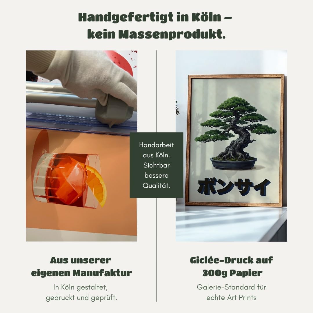 MJ-GRAPHICS® Poster Bonsai Kunstdruck asiatisch Wandbild Zen Garten Deko Wohnzimmer Wanddeko Vintage Stil grün beige Schlafzimmer Bilder Meditationsraum 50x70 mit beigem Rahmen