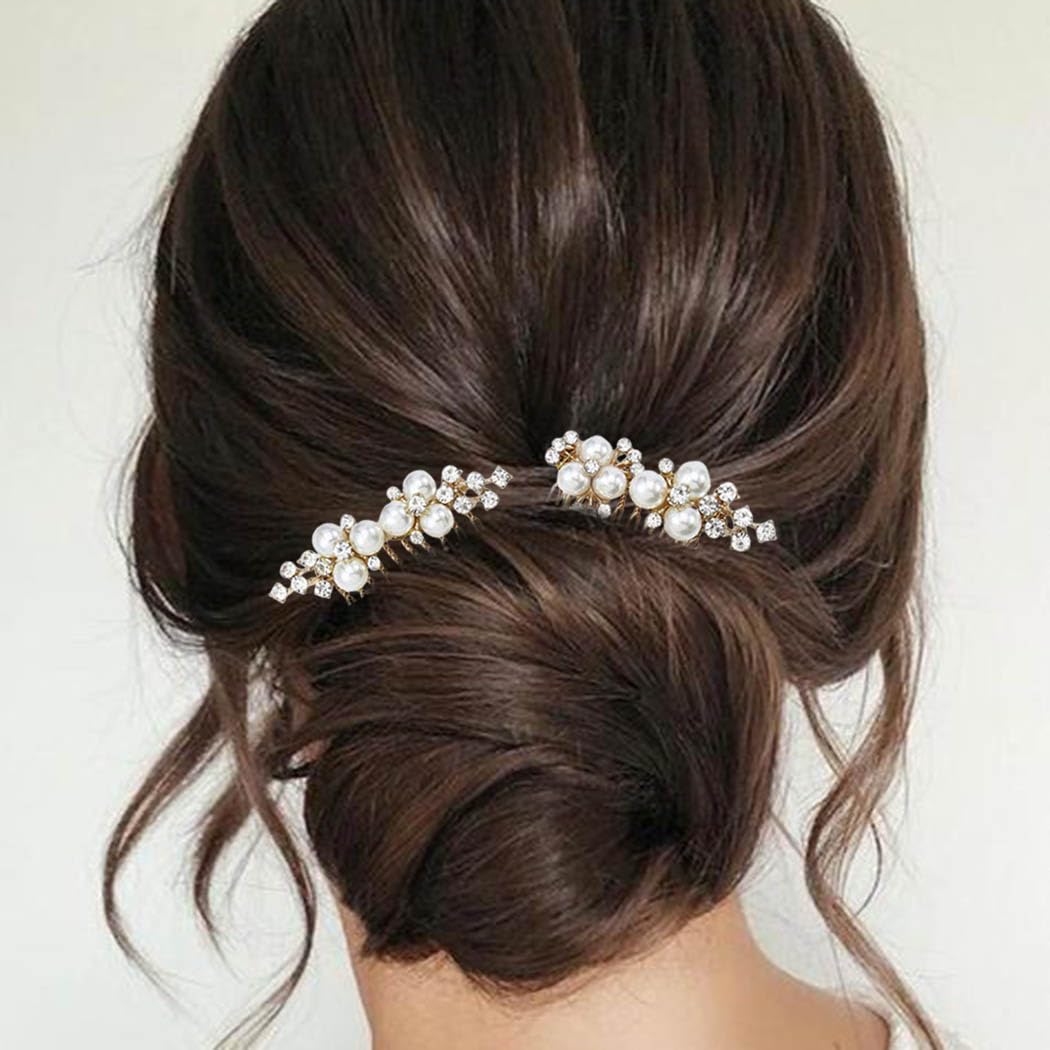 JAKAWIN Pearl Wedding Hair Comb Rhinestone Hair Piece Crystal Bridal Hair Accessories for Women (2 Gold) - Image 7