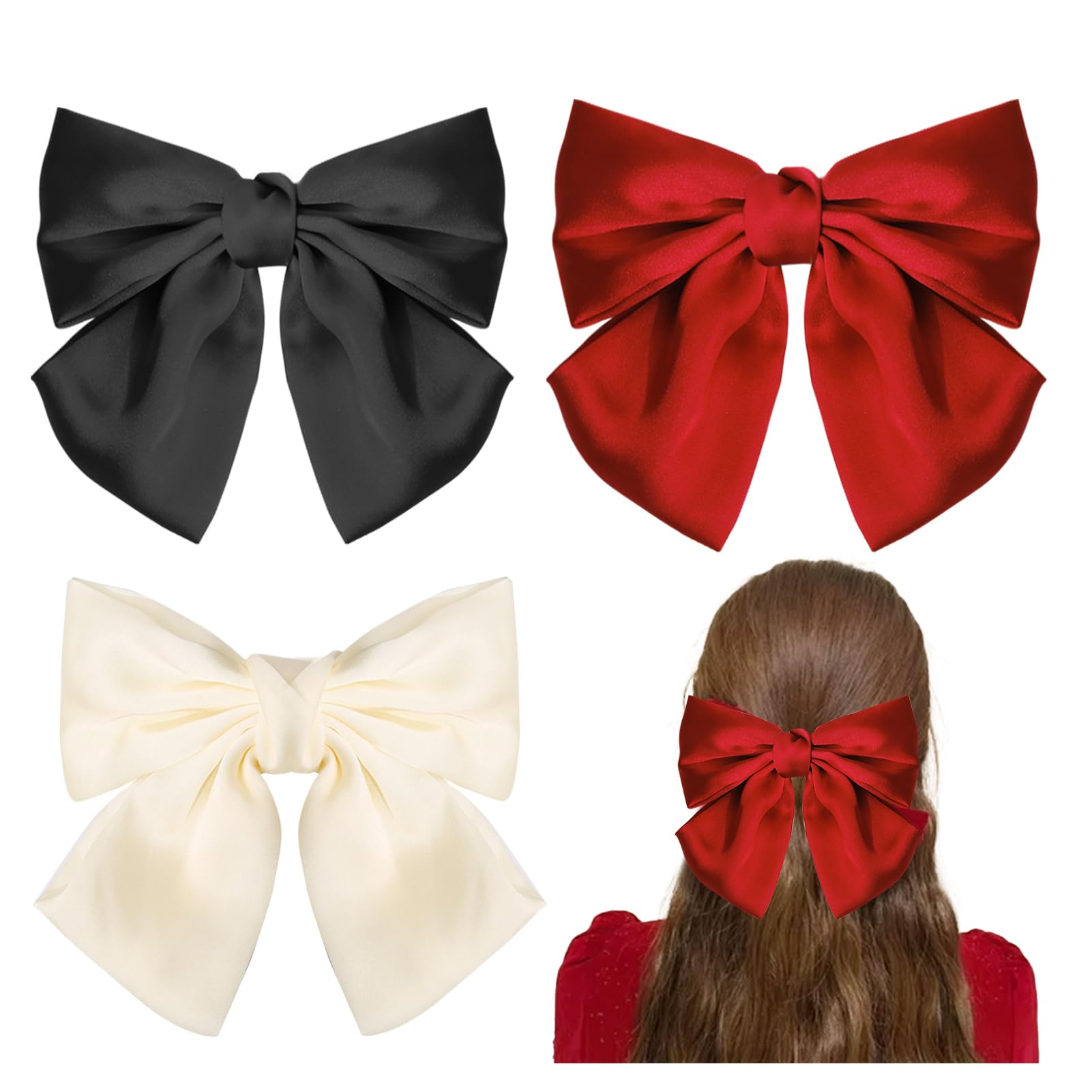 YONEEKSS 3PCS Bow Hair Clip,Hair Bows Barrettes for Women Girls Solid Color Big Bowknot Hairpin French Hair Clips with Ribbon