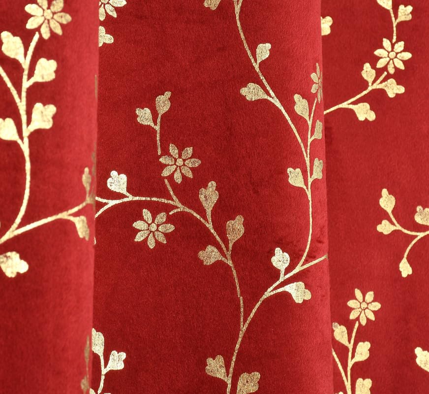 Image of Heavy Velvet Fabric Luxury Looks Room Darkening Floral Designer Curtains 10 Feet for Long Door, Maroon, Pack of 2 Pieces