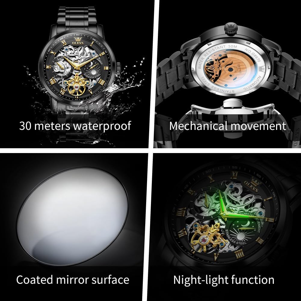 OLEVS Automatic Men Watch Self Winding Mechanical Moon Phase Business Luxury Diamond Dress Stainless Steel Waterproof Luminous Mens Wrist Watch - Image 6