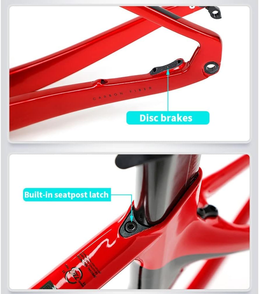 Road Bike Frameset 700C Carbon Off-Road Racing Frame 43.5/46/48/50/52/54/56CM Disc Brake Bicycle Frame Thru Axle F12x100mm/R12x142mm，with Fork(46CM red)