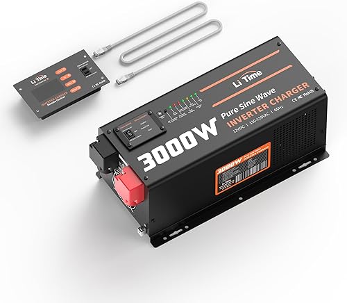 Miniatura 1 de LiTime Cargador inversor de onda sinusoidal pura de 3000 W, inversor de 12 V CC a 120 V CA con panel remoto LCD, corriente de carga ajustable de 5 A