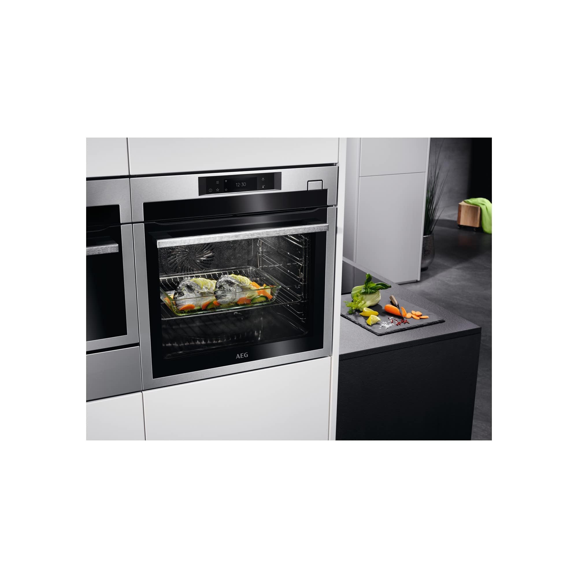 AEG BSE782380M Horno Multifunción con Limpieza Pirolítico, 20 Funciones, Sonda Térmica, Pantalla Táctil TFT Color, 225 Recetas, Cierre Suave, Antihuella, INOX, A, 70 litros
