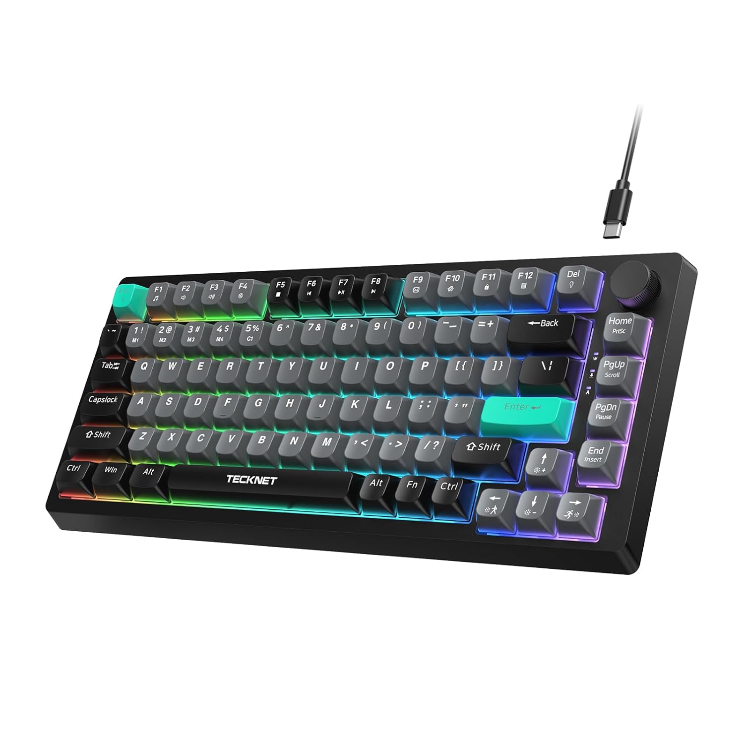 TECKNET Gaming Keyboard 75 Wired Keyboard RGB Backlit 82-Keys with Volume Knob Control 26 Keys Anti-ghosting Whisper Quiet