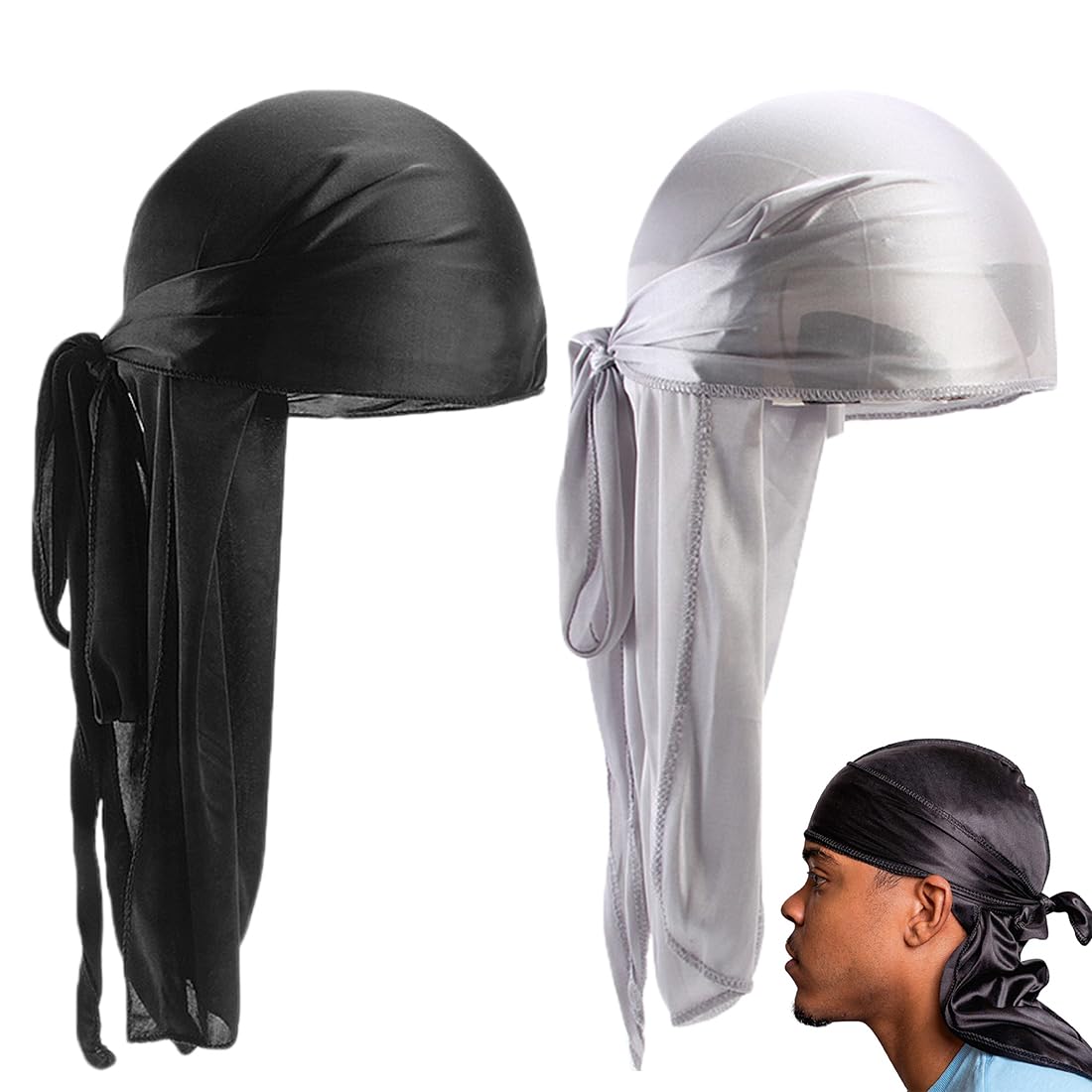HNJUSR Long Tail Durag,2 Piezas Unisex Durag Headwraps Anchas Correas Pirata Gorra de quimio contra la pérdida de Cabello Bandana Turbante para Mujeres y Hombres Hip-Hop y decoración Diaria