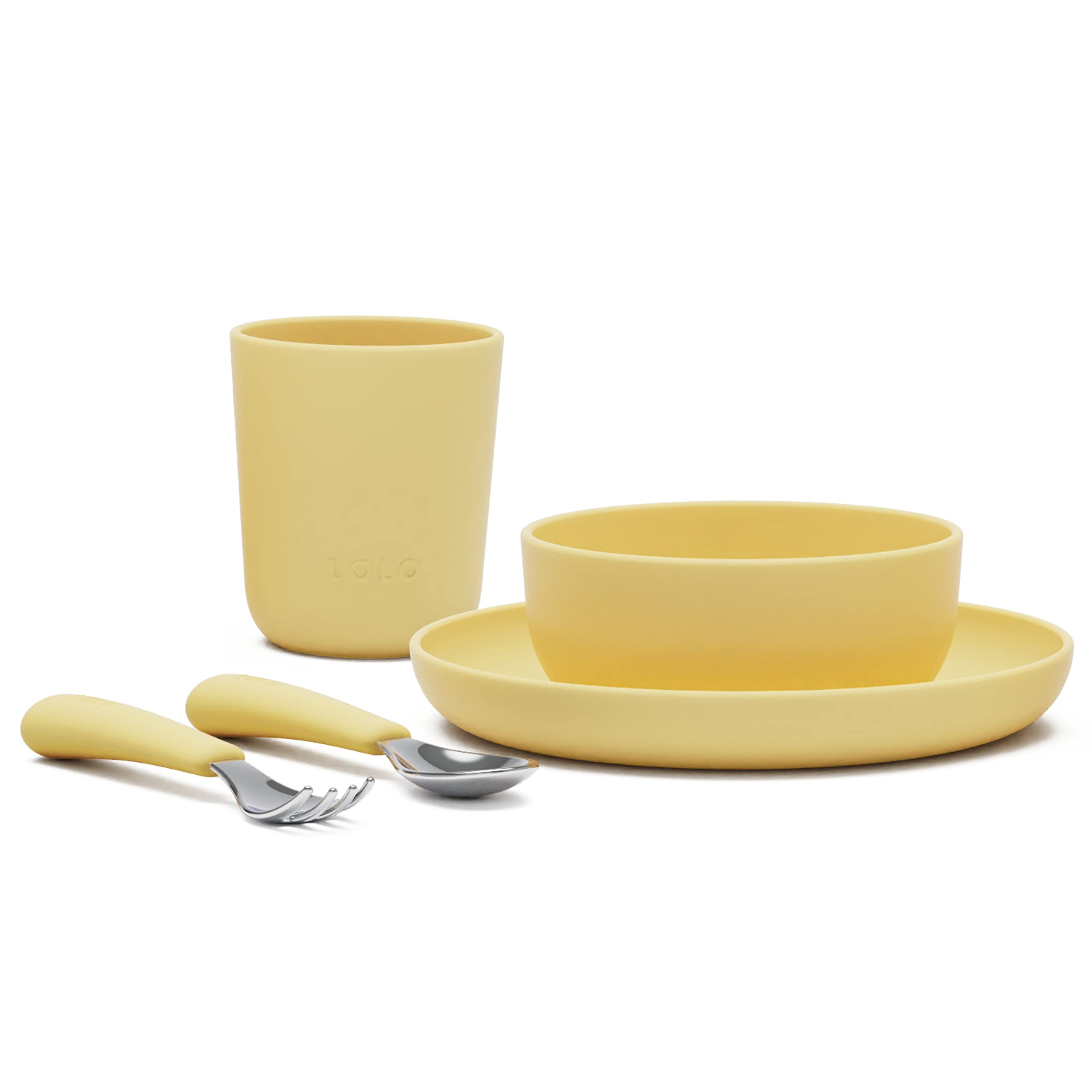 Lalo Big Bites Kids Dinnerware Starter Set - Dishwasher Safe, BPA Free, Kids Tableware Set - Includes Stackable Bowl, Plate, Utensils & Cup - 5 Pieces - Popcorn