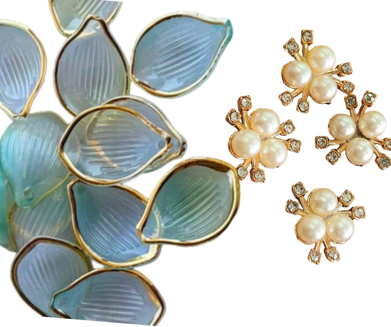 Combo Pack of 32 Green Acrylic Leaves (Sheel) + 4 Pearl Crystal Decorative Flowers-image-45