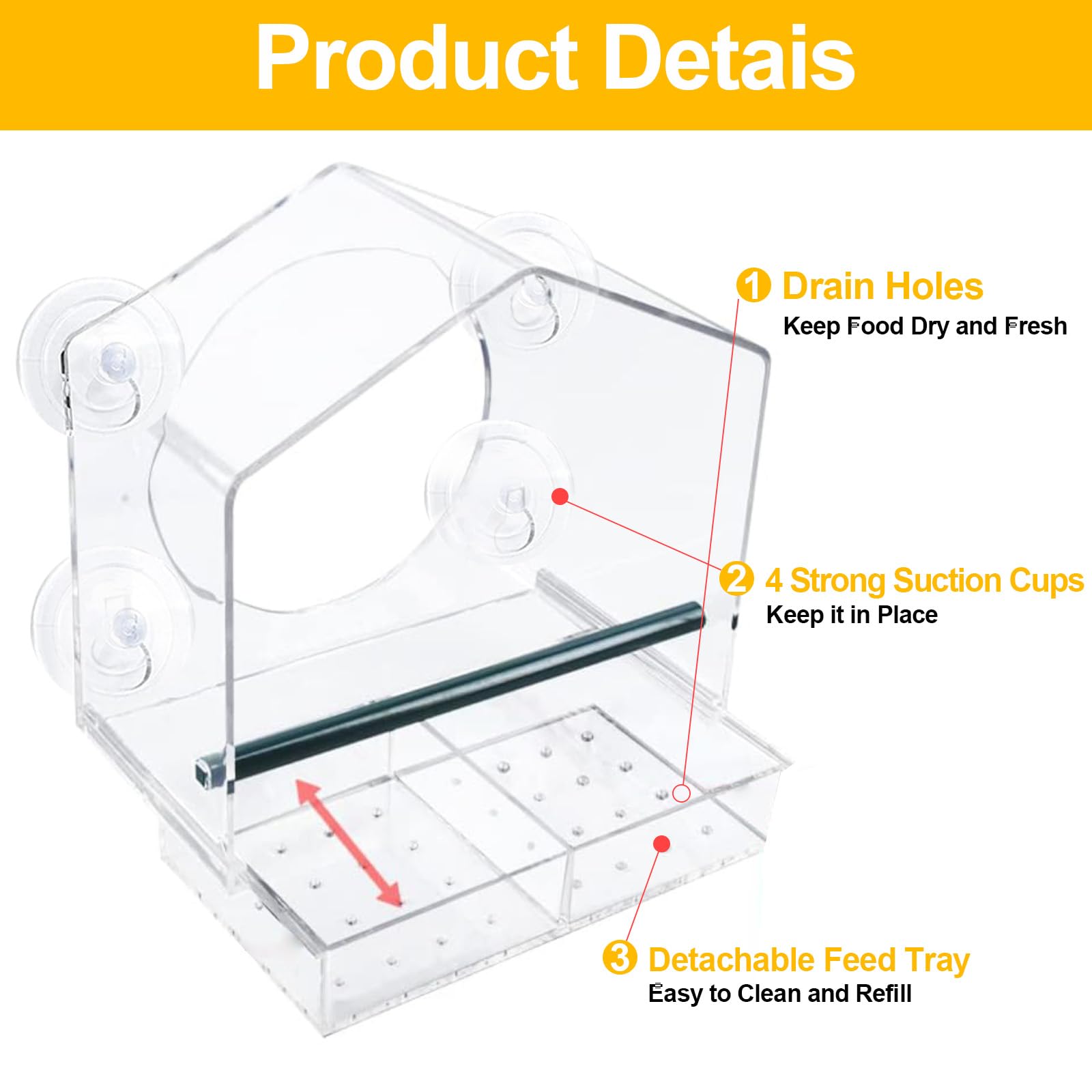 Window Bird Feeder with Strong Suction Cups Acrylic Wild Bird Feeder House Hanging Bird Feeder Bird Seed Feeders with Drain Holes for Wild Bird Small Bird - Image 3