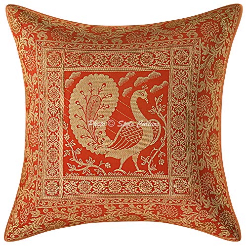Image of Decorative Brocade Cushion Covers 16 Inch x 16 Inch Banarasi Jacquard Weave Red & Gold Living Room Peacock Festive Decor Square 40x40 cm Zippered Sofa Settee Pillowcases -Set of 2 Pcs
