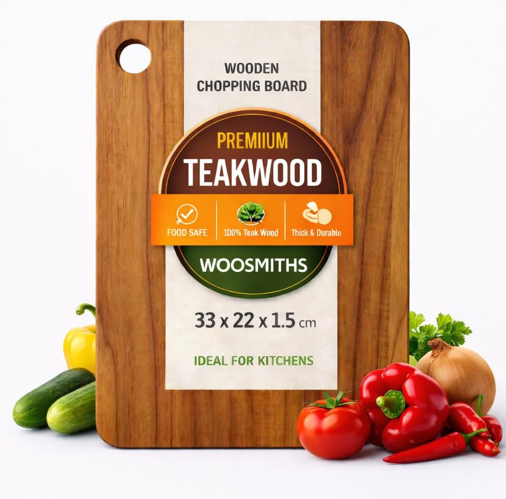 - Teak Wood Chopping Board Medium 33 x 22 cm Solid Wooden Cutting Board for Kitchen Durable Food Safe Board for Vegetables Meat Fruits Easy to Clean Long Lasting Teak Board