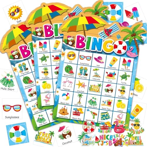 39Pcs Pool Party Bingo Game for Adults Kids 24 Players Summer Party Bingo Game Cards with Reward Stickers for Family Friend Student Large Group Activities Hawaiian Tropical Beach Parties Supply Favors
