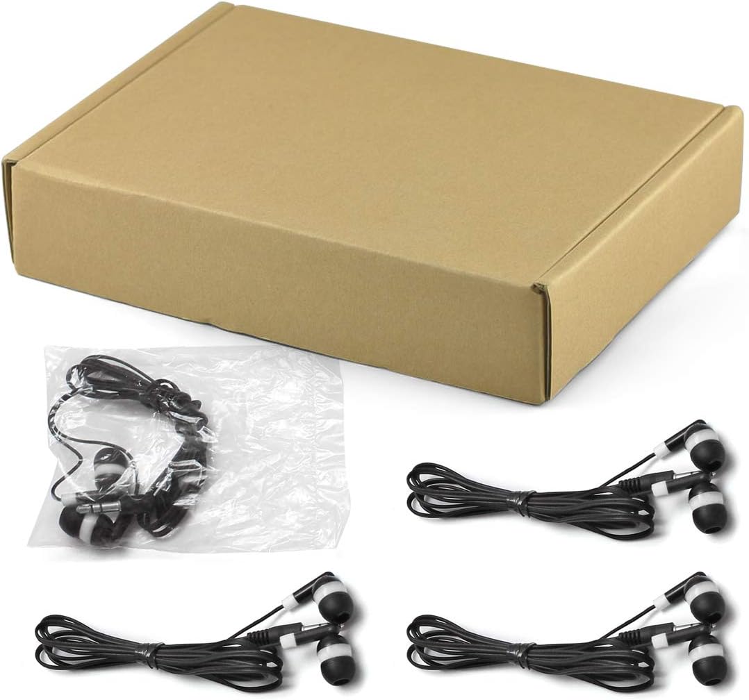 Keewonda Bulk Earbuds Headphones Wholesale KWA-08-W Earphones, 100 Pack Disposable Ear Buds Bulk Individually Wrapped Headphones for School Classroom Students White