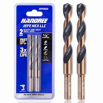 JEFE HEX 1/2 Dia. 5 OAL HSS Twist Drill Bit, General Purpose, 3-Flat Shank, Black and Gold Finished, 135 Degree Split Point, Ideal for Steel/Wood/Copper/Aluminum/Zinc Alloy/Plastic. (2-Piece)