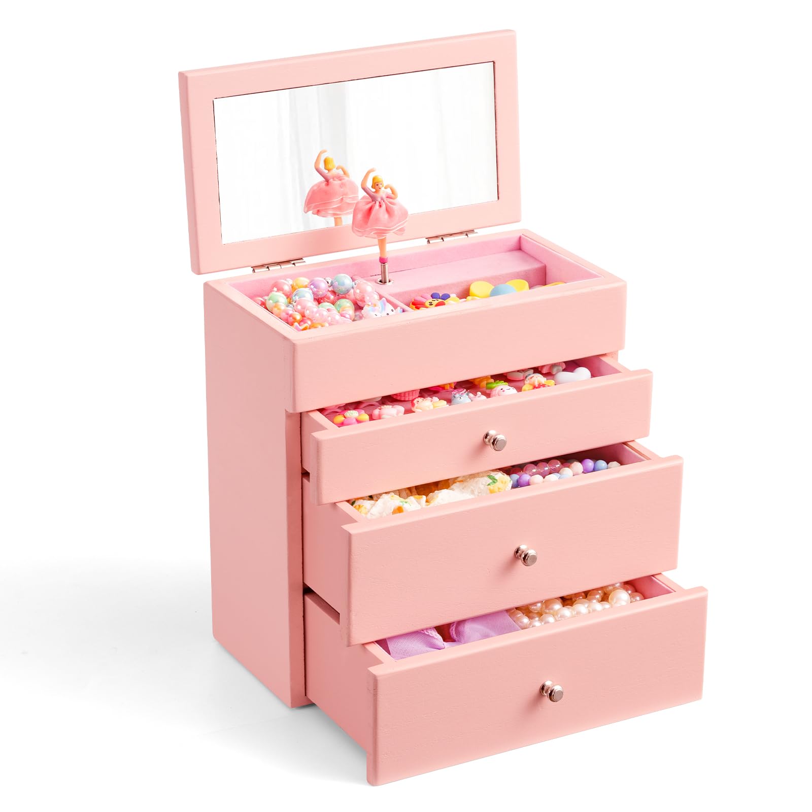 Musik-Schmuckkästchen für Mädchen aus Holz mit Ballerina & Spiegel, 4-lagige Schmuckaufbewahrung mit 3 Schubladen für Ringe, Armband & Halskette, Rosa Schmuckschatulle Geschenk