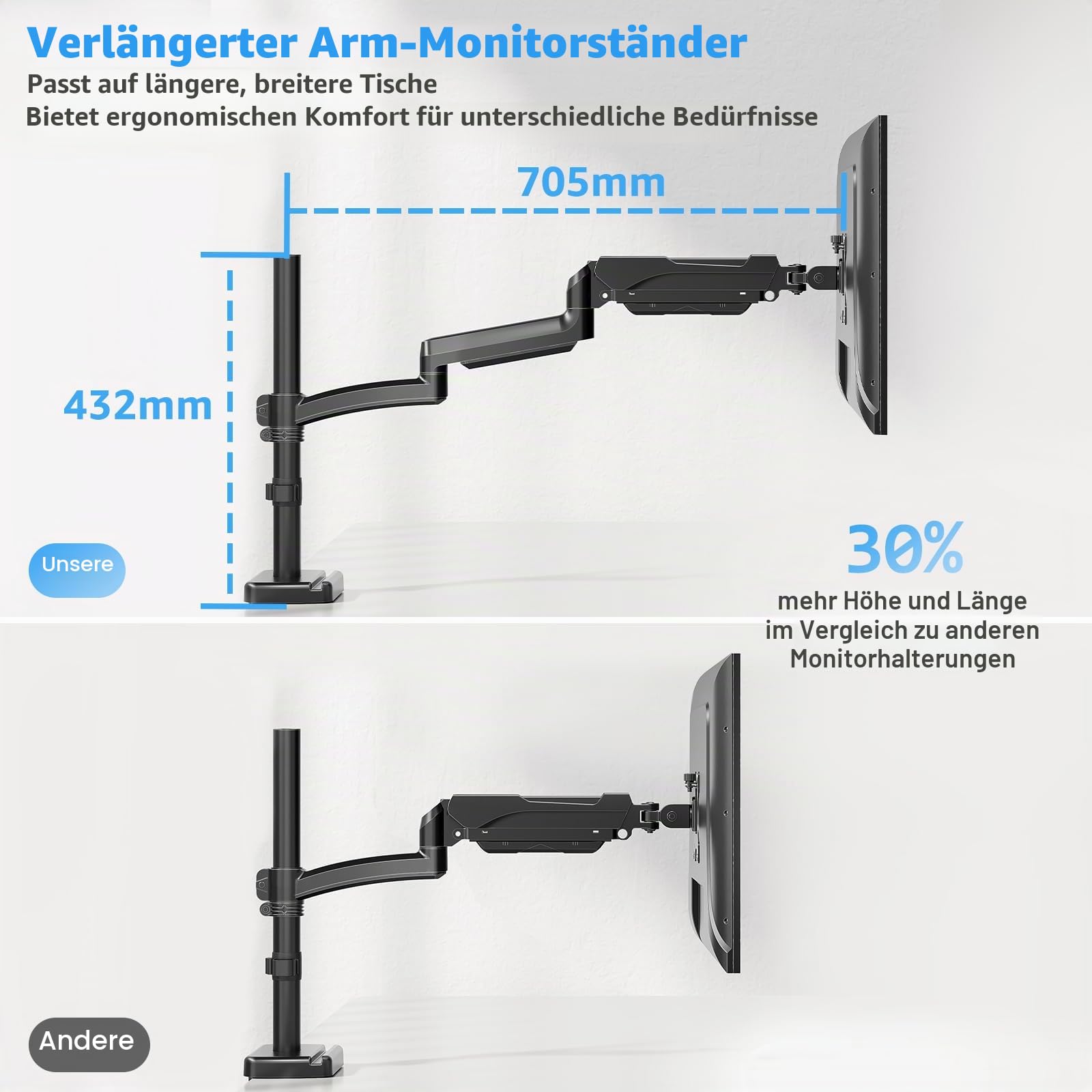 MOUNTUP 705mm Langarm Monitor Halterung für 13–32 Zoll Monitore bis zu 9 kg | Höhenverstellbare Einzelner Bildschirme Ständer mit Neigen, Schwenken, Drehen, platzsparend für Büro, Homeoffice & Gaming