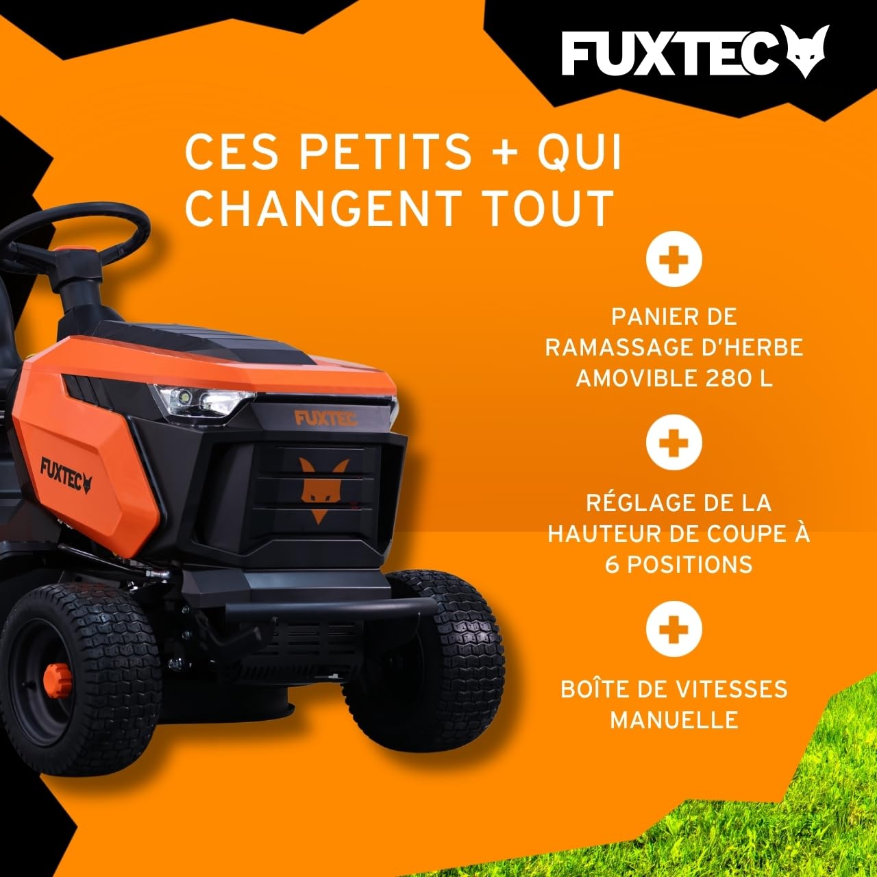FUXTEC Tondeuse autoportée FX-RMT84M - Tondeuse autoportée à Essence avec Largeur de Coupe 83 cm - Moteur 8,8 KW 432 cm³ - 6 hauteurs réglables - bac 280 L - Marche arrière RMO - boîte Manuelle 5+1