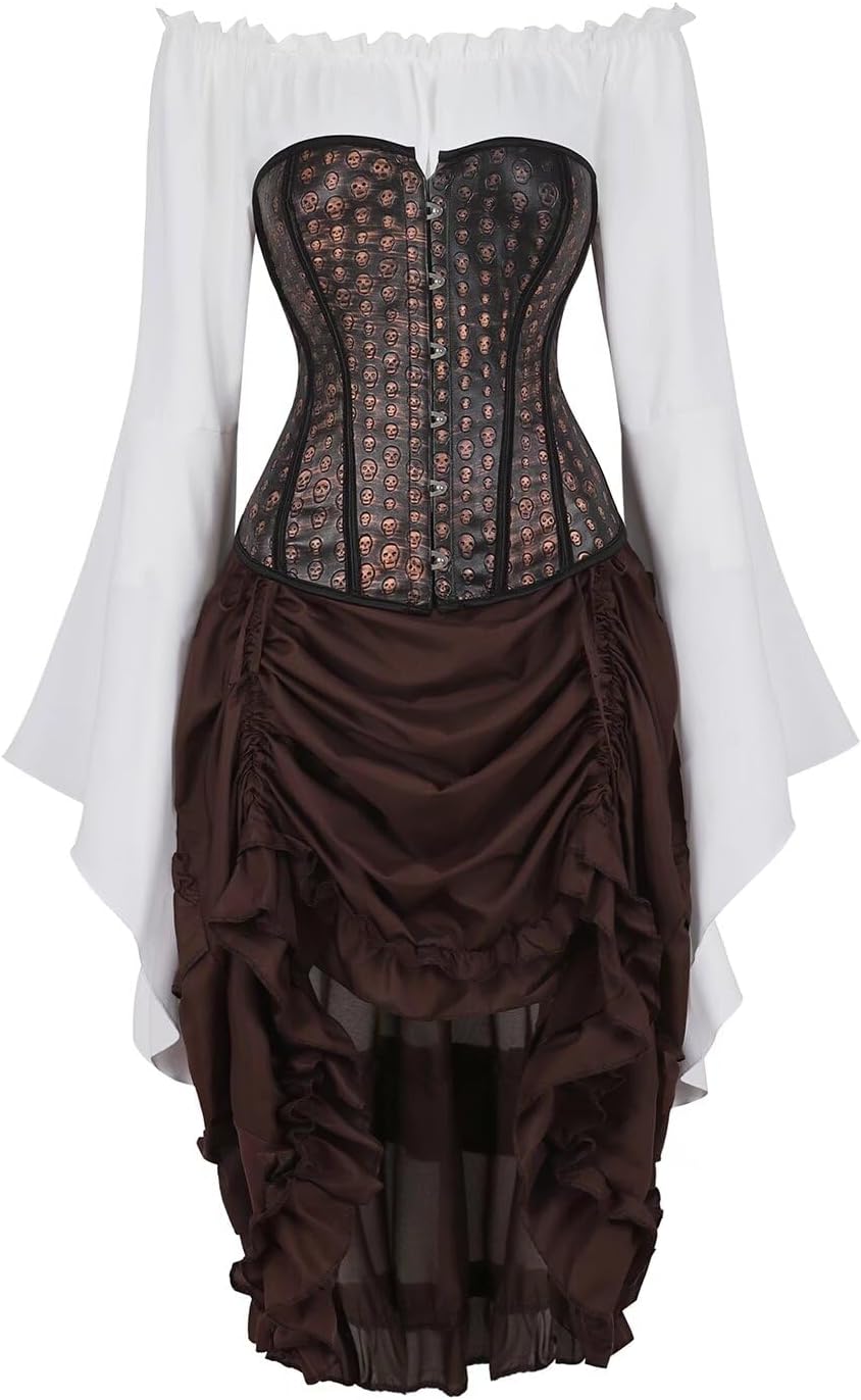 Jutrisujo Steampunk Corsets for Women Dress Skull 3 Piece Outfits Skirt White Blouse Set Gothic Costume