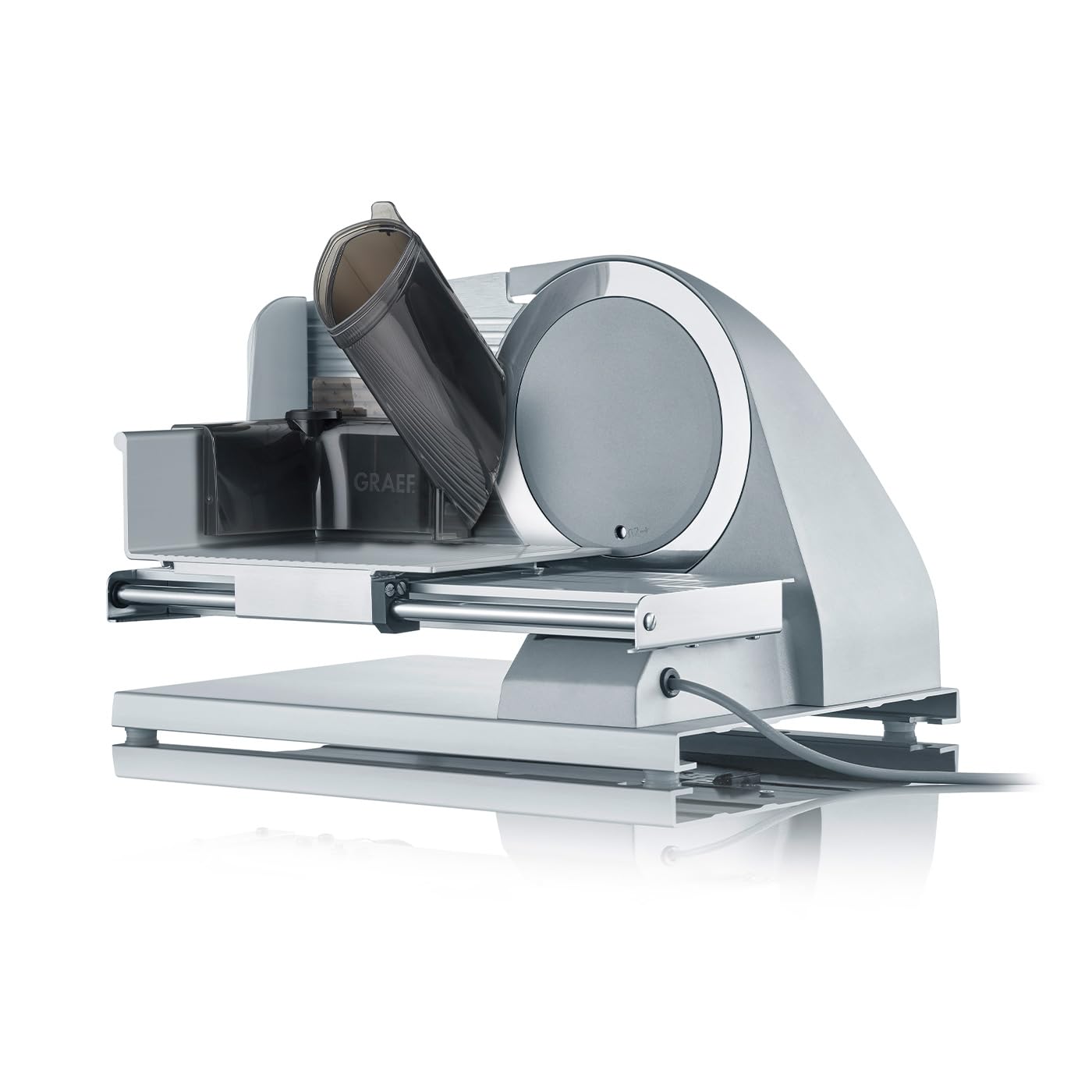 GRAEF. Allesschneider ABSOLUTE titan-silber mit Vollstahlmesser und stufenloser Schnittstärke (0–15 mm), Aluminiumanschlag, flüsterleisem 185-Watt-Motor, Rundführungsschlitten