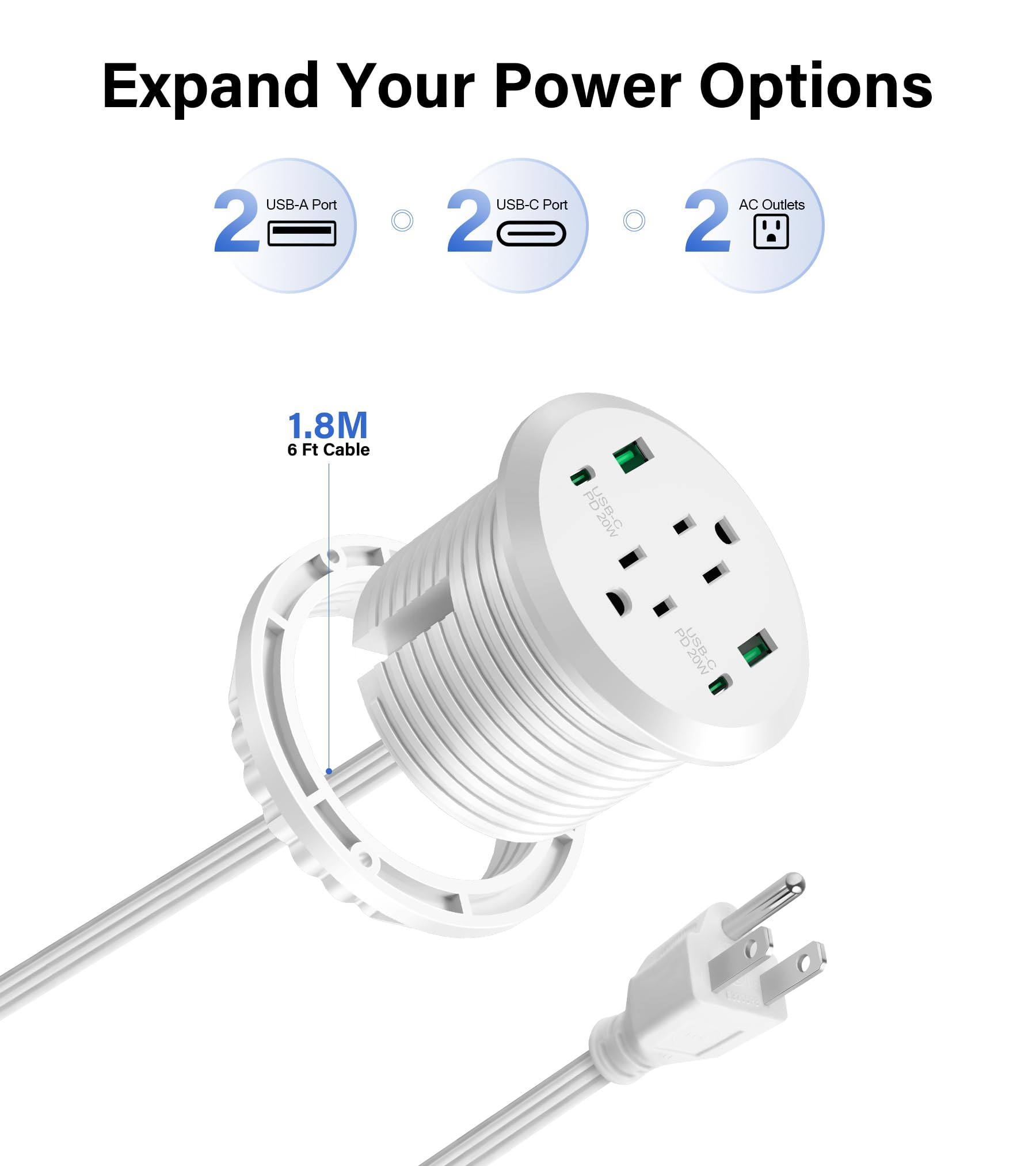 3 Pollice Computer Power Grommet USB C 40W Stazione di Ricarica Veloce Incasso Mobili Power Strip 2 Uscite 4 Porte USB Montaggio a Filo per