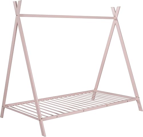 Miniatura 3 de SOFTSEA Base de cama baja triangular de metal individual con tablillas, marco de cama individual para niños (rosa)