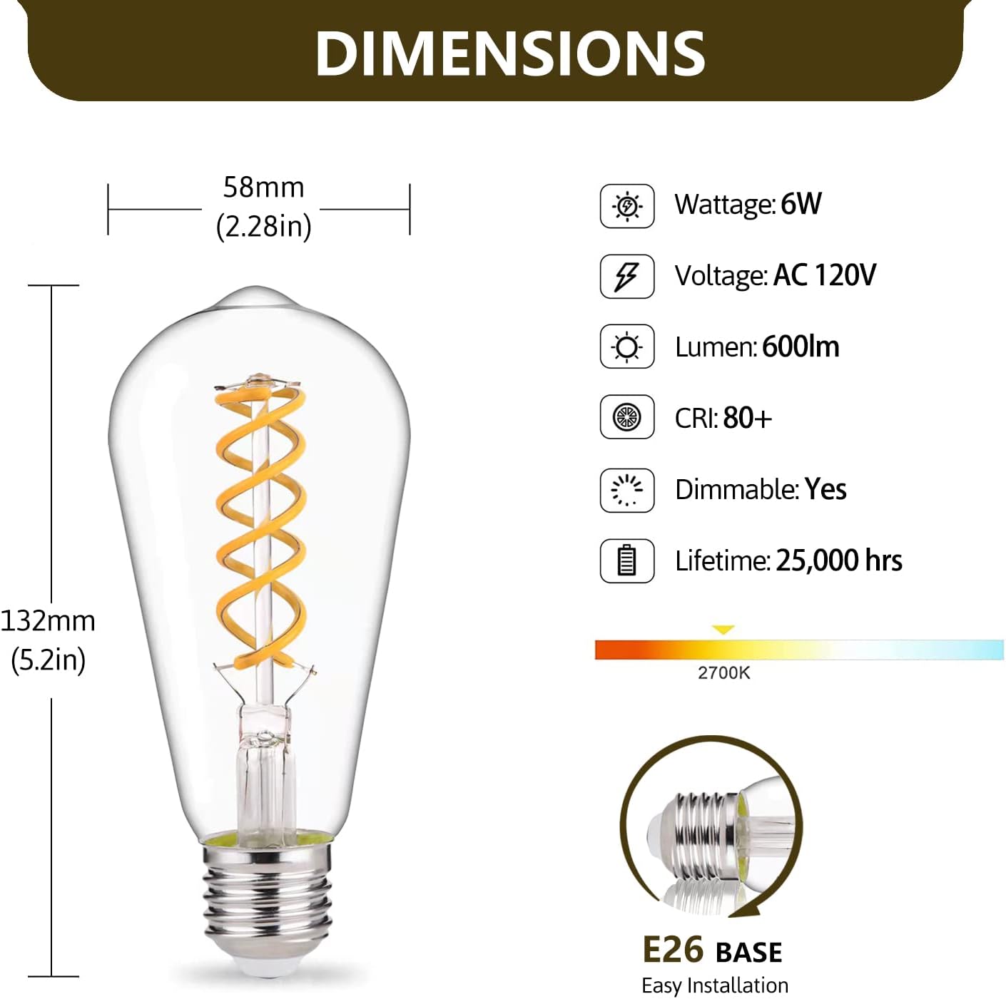 ST58 (ST19) LED Edison Bulbs 60 Watt Equivalent, CRI 80+, High Brightness Soft White 2700K Clear Glass, Dimmable Antique LED Filament Bulbs, E26 Medium Base, 6 Pack