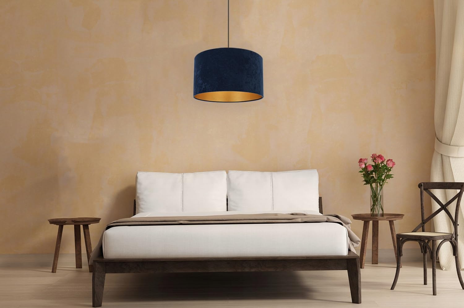 Plafonnier suspendu Holdi Light-Home - Lustre de plafond pour chambre à coucher, salon et cuisine style glamour moderne E27 - Abat-jour rond doré Velours bleu marine - Base noire