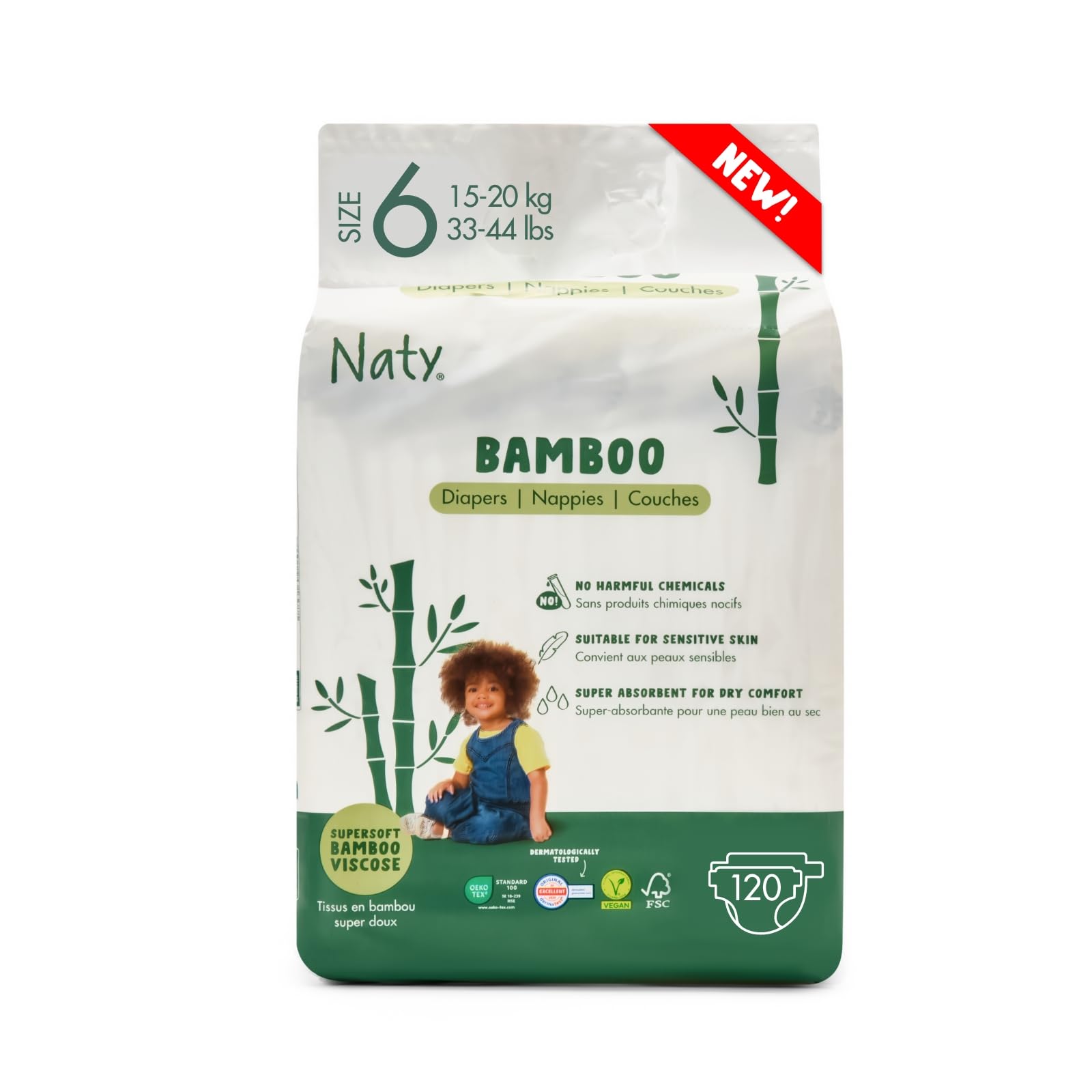 Naty Bamboo Baby Windeln aus Bambus-Viskose – Seidenweich, pflanzenbasierte Windeln, Dermatologisch getestet für empfindliche Haut & super saugstark (Größe 6, 120 Stück)